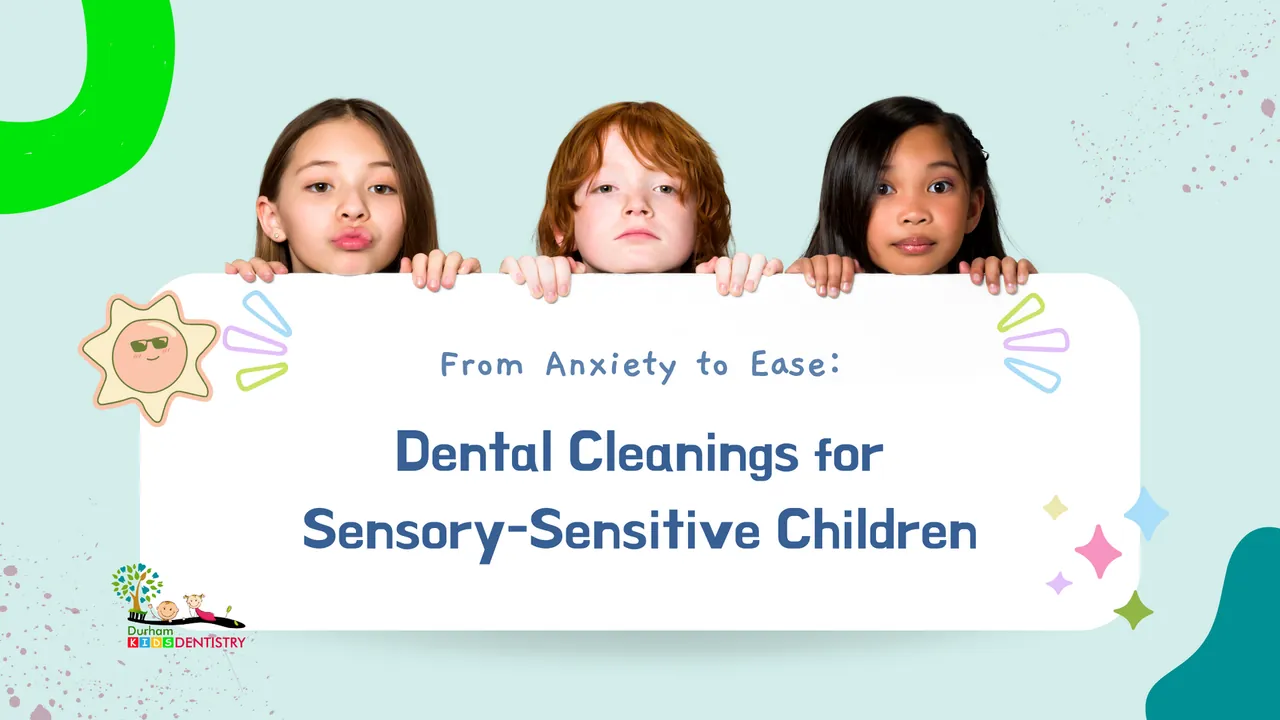 A group of children holding a sign that says `` dental cleanings for sensory-sensitive children ''.