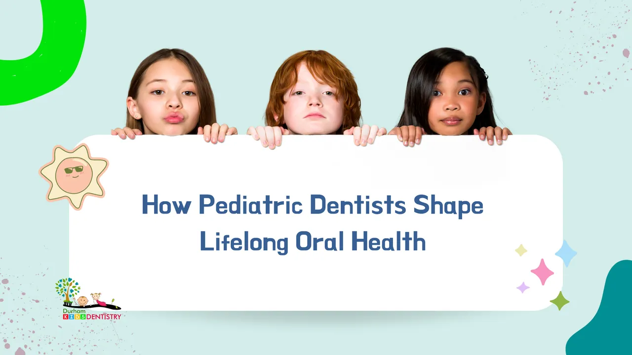 Three children are peeking over a sign that says `` how pediatric dentists shape lifelong oral health ''.