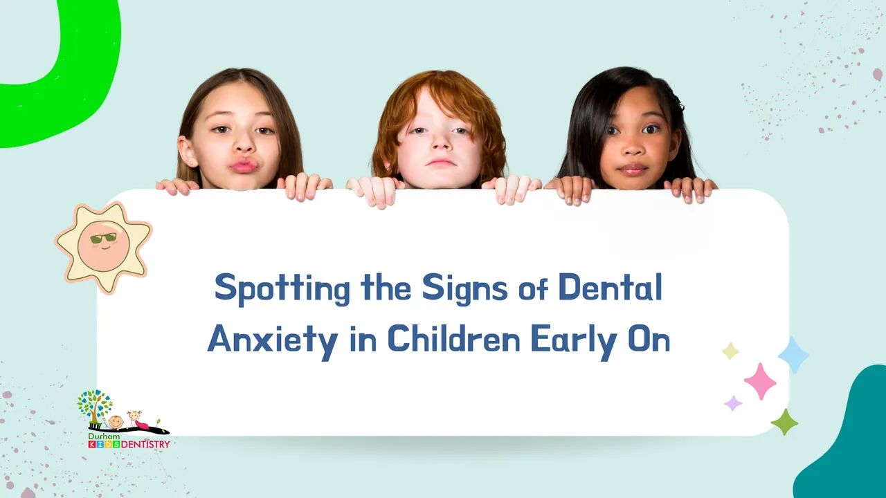 Three children holding a sign about spotting dental anxiety in children. Light blue background with colorful accents.